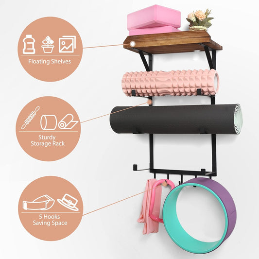 Yoga Mat Holder Wall Mount,17" X 28" Yoga Mat Rack Home Gym Accessories, Storage for Foam Roller, with Wood Floating Shelves and 5 Hooks for Hanging Yoga Strap and Resistance Bands