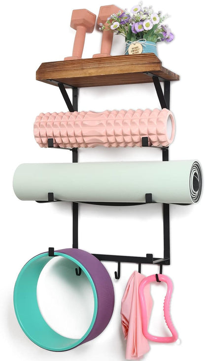 Yoga Mat Holder Wall Mount,17" X 28" Yoga Mat Rack Home Gym Accessories, Storage for Foam Roller, with Wood Floating Shelves and 5 Hooks for Hanging Yoga Strap and Resistance Bands