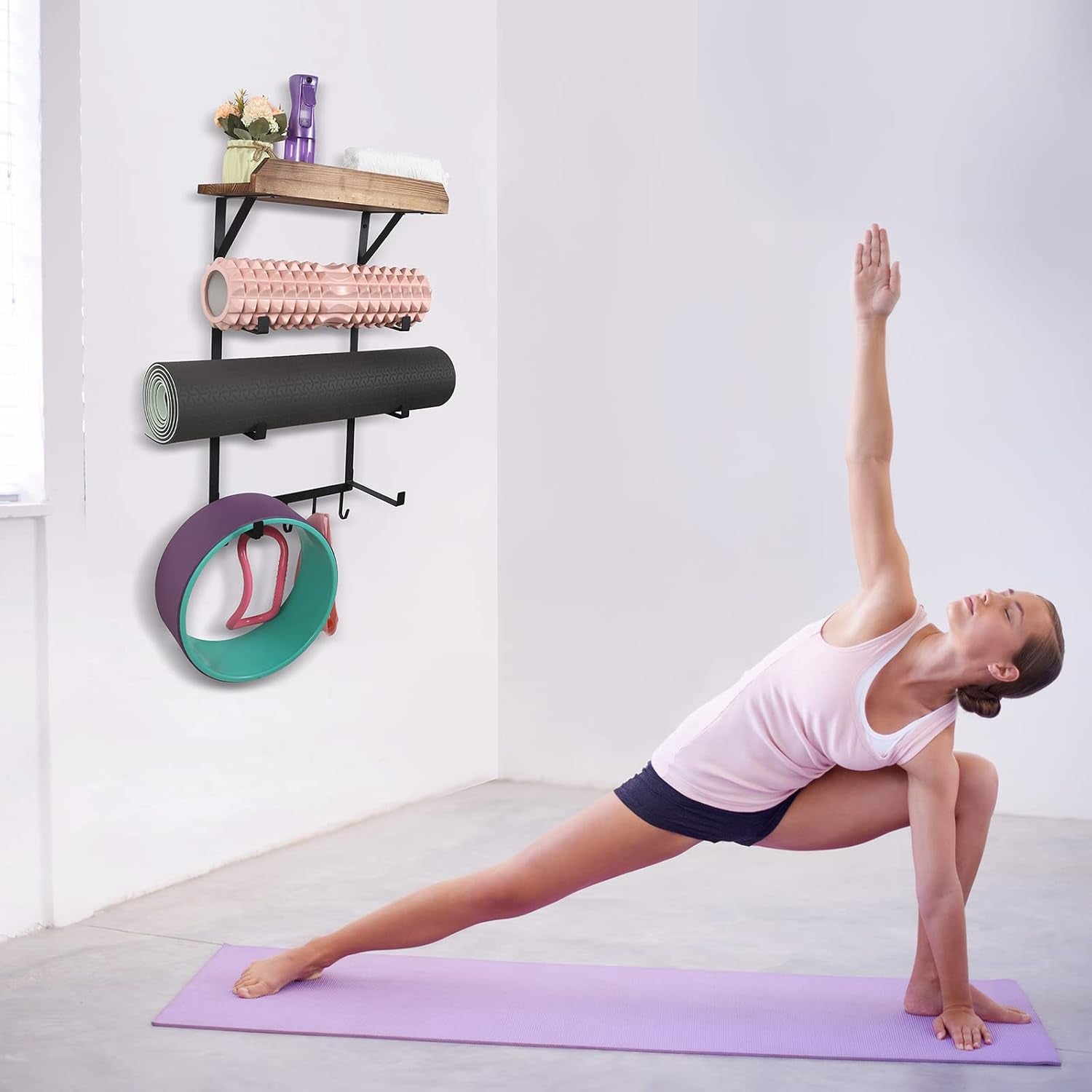 Yoga Mat Holder Wall Mount,17" X 28" Yoga Mat Rack Home Gym Accessories, Storage for Foam Roller, with Wood Floating Shelves and 5 Hooks for Hanging Yoga Strap and Resistance Bands