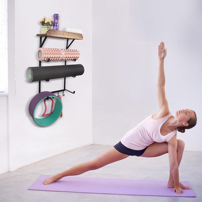 Yoga Mat Holder Wall Mount,17" X 28" Yoga Mat Rack Home Gym Accessories, Storage for Foam Roller, with Wood Floating Shelves and 5 Hooks for Hanging Yoga Strap and Resistance Bands