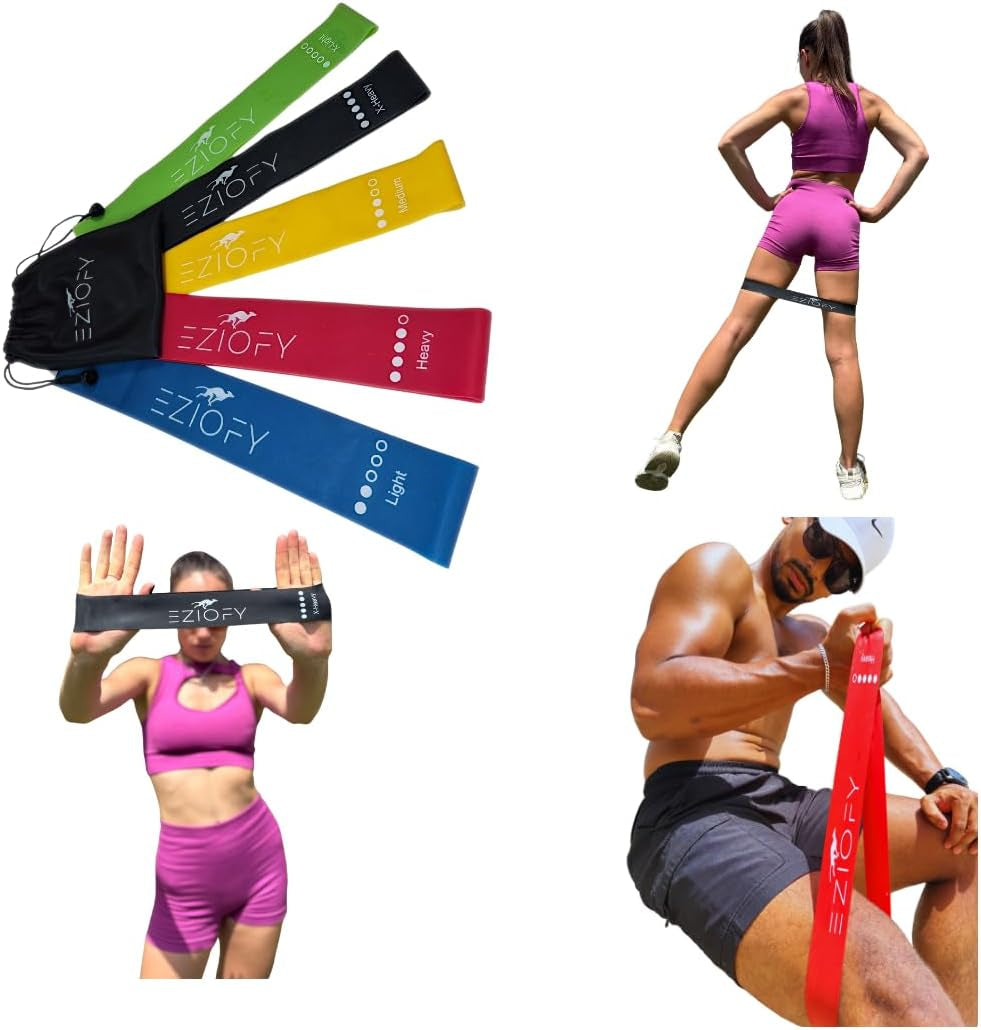Resistance Bands Set of 5 – Natural Latex Loop Exercise Bands for Legs, Glutes & Full Body – 10–45 Lbs – Workout, Pilates, Physical Therapy – Includes Carry Bag